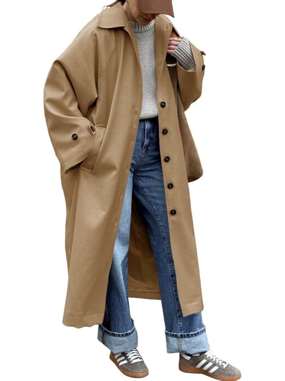 Women's Khaki Oversized Windproof Single-Breasted Lapel Fall Duster Trench Coat